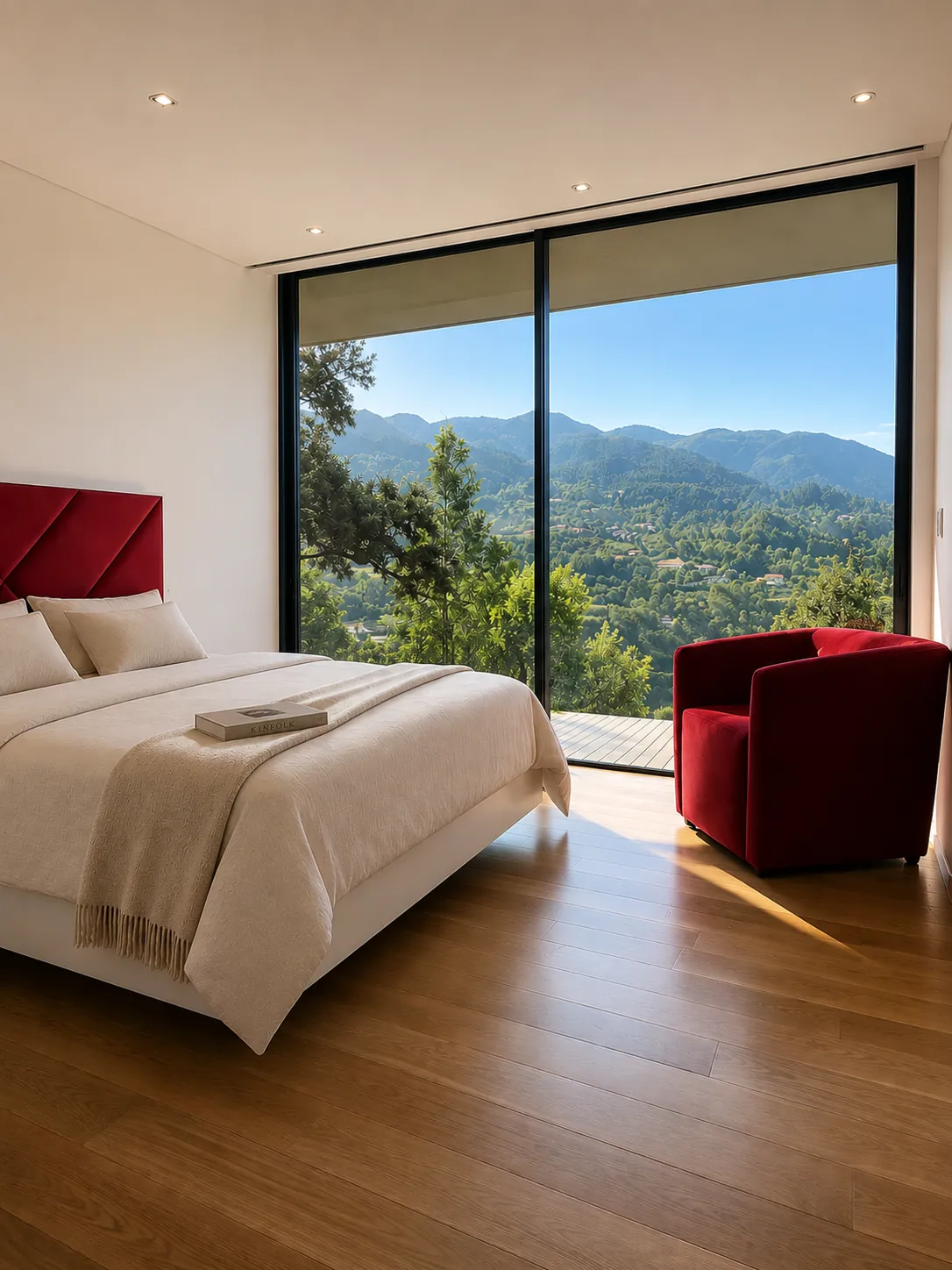 Suite avec tête de lit en velours rouge et baie vitrée sur la montagne