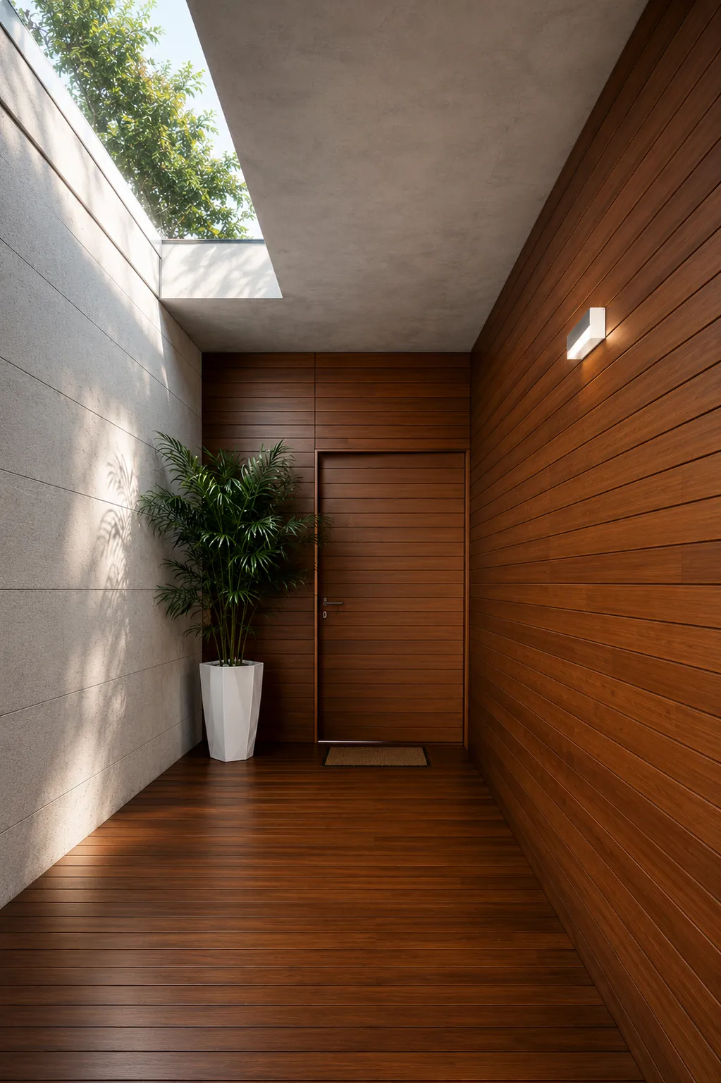 Entrée de la villa habillée de bois sous un puits de lumière