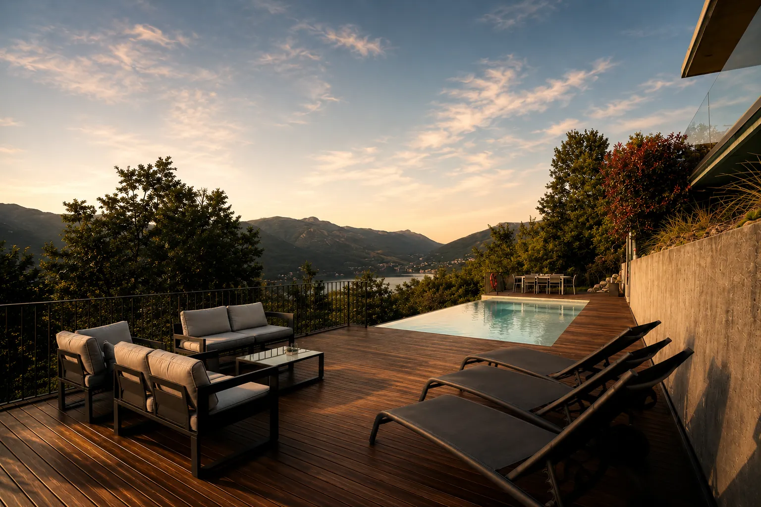 Terrasse en bois avec salon extérieur, transats et piscine à débordement face au lac, au coucher du soleil